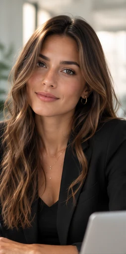Portrait féminin aux cheveux longs ondulés, veste sombre — visage généré par IA
