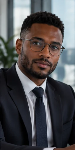 Portrait masculin avec lunettes, cheveux courts, veste sombre — visage généré par IA