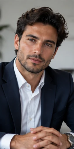 Portrait masculin aux cheveux ondulés, veste sombre — visage généré par IA