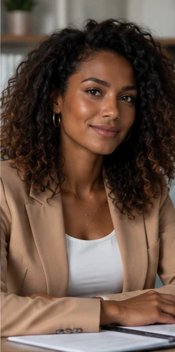 Portrait féminin aux cheveux bouclés, veste claire — visage généré par IA